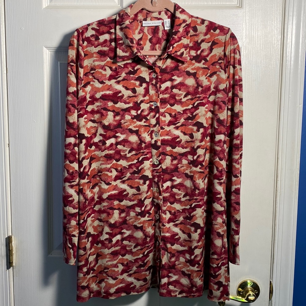 Susan Graver Long Sleeve Button Down Printed Blouse Top Medium